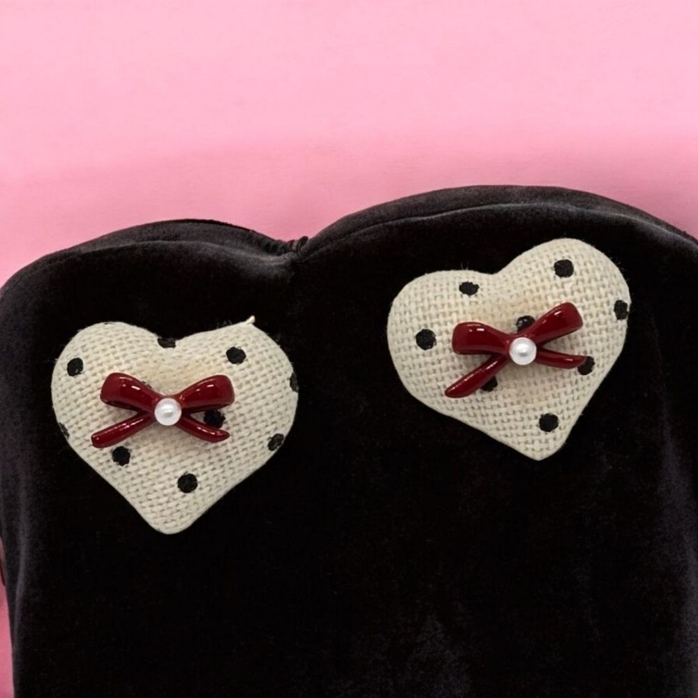 Polka-Dot Heart-Shaped Earrings Red Bow Puffed Fabric Retro Women's Jewelry New